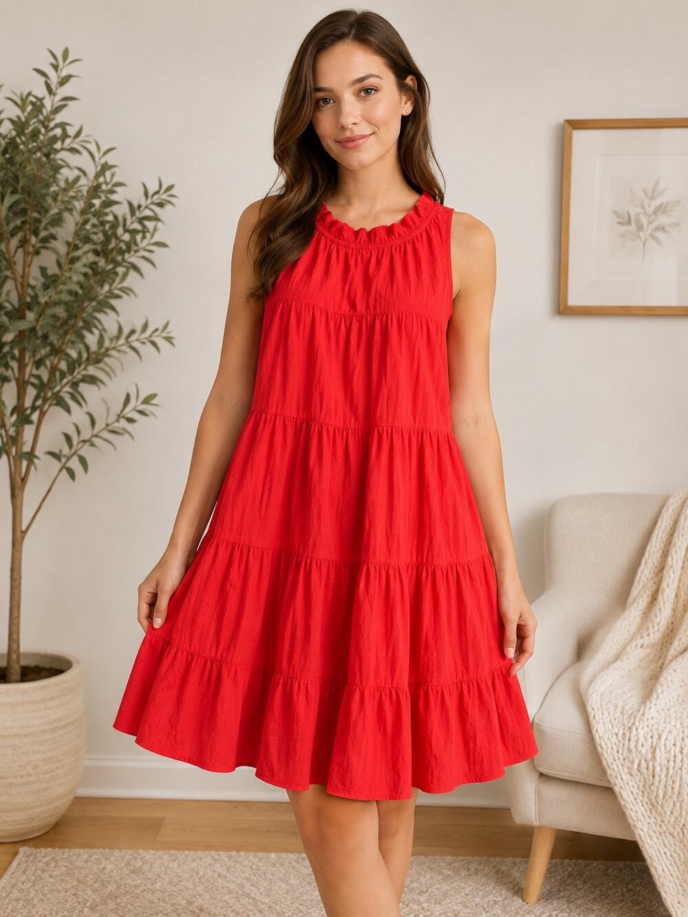 Pinch high neck halter tiered dress red large